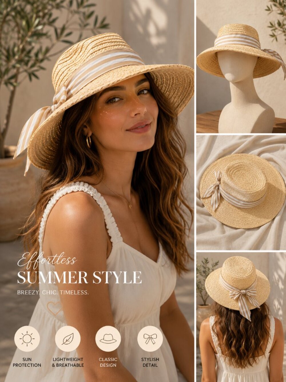 Vince Camuto Tan Straw Hat with Cream Ribbon